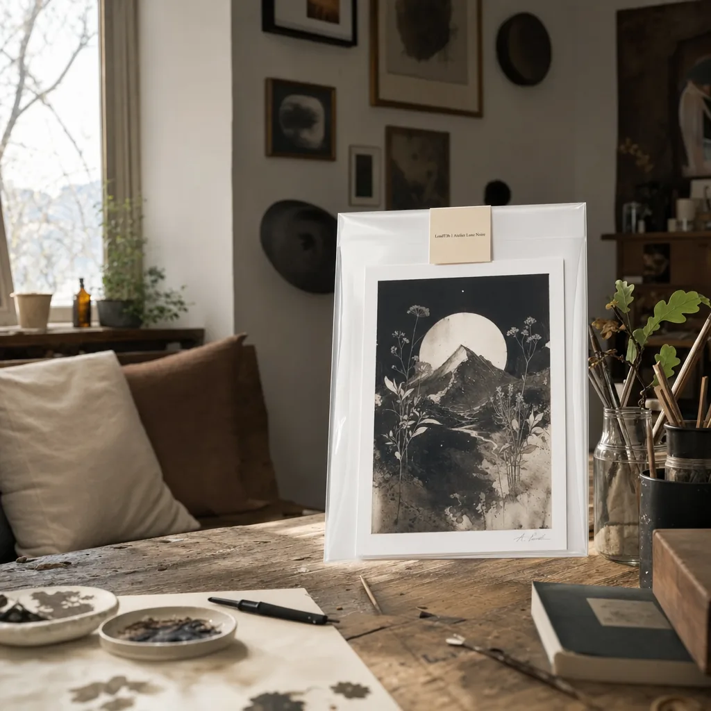 A signed print clipped near the atelier window and worktable edge